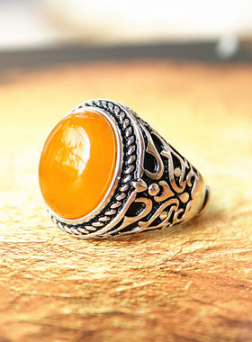 宏利戒指镶嵌琥珀蜜蜡925纯银