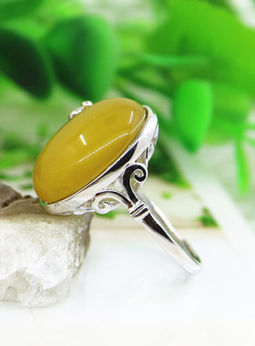 纯银镶嵌欧式蜜蜡玉石戒指空托