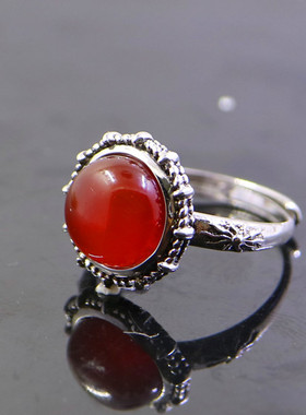 纯银戒指空托女圆形蜜蜡复古宏利