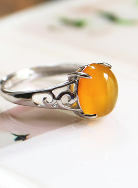 纯银镶嵌蜜蜡戒指空托