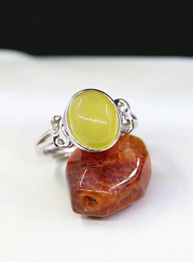 纯银镶嵌蜜蜡戒指空托