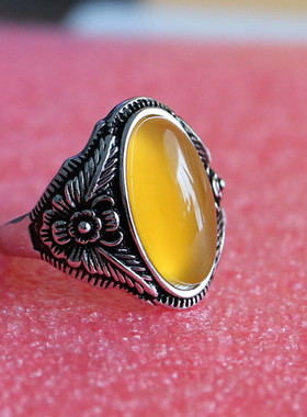 纯银戒指空托开口复古镶嵌琥珀