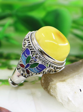纯银镶嵌掐丝景泰蓝琥珀戒指空托
