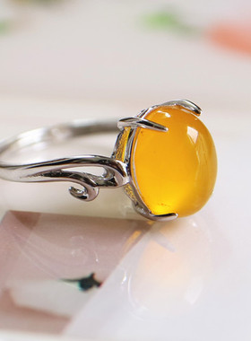 纯银镶嵌蜜蜡戒指空托