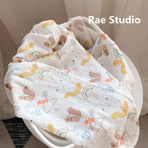Rae Studio新生儿双层竹棉盖毯包被推车巾柔软可爱小动物-图1