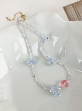 蓝色系手工彩色串珠项链女夏百搭叠戴水晶辣妹锁骨链简约T恤颈链