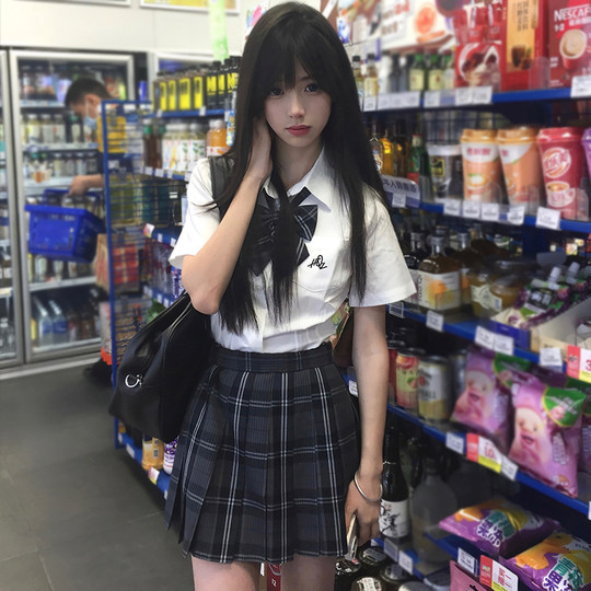 花千猪原创 寒鸦格裙  jk制服校供感a字型百褶裙灰黑格百搭款jk裙