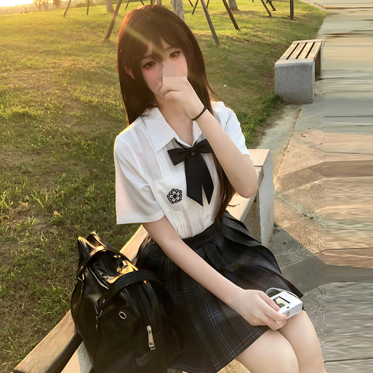 花千猪原创 小绫中衬衫 学院风白色条纹短袖jk制服刺绣百搭款上衣