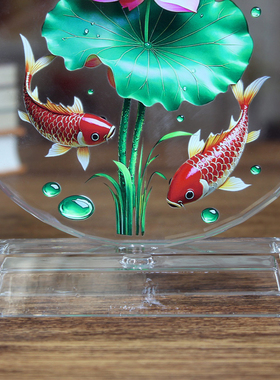 荷花鲤鱼聚财图水晶摆件创意礼物