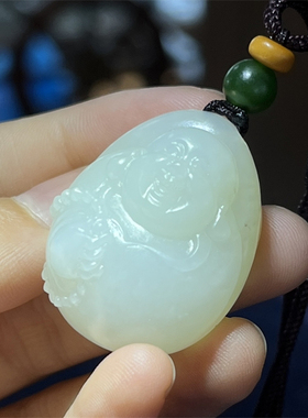 小石头和田玉白玉籽料弥勒佛挂件