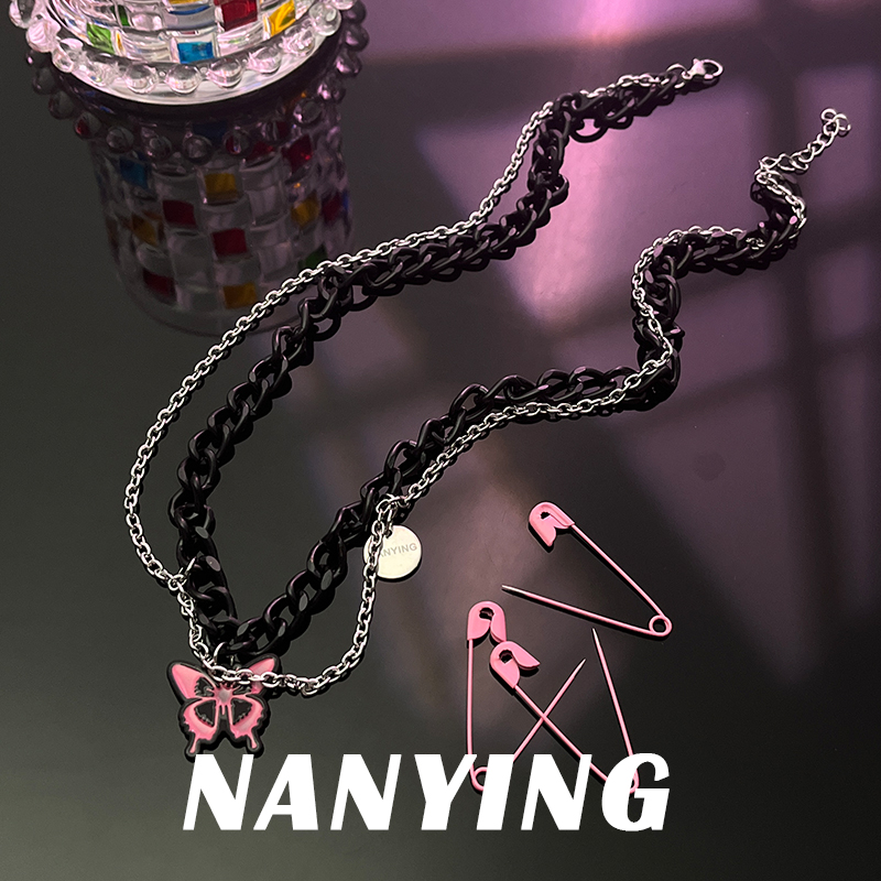 NANYING原创黑色链条别针玫粉色蝴蝶项链女y2k甜酷辣妹吊坠毛衣链 - 图2