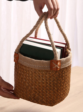 北欧海草纯手工编织手提花篮干花盆杂物收纳篮家居摆件竹编插花瓶