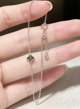 S925通体纯银四叶草彩色锆石手链女小众设计幸运百搭高级简约手饰
