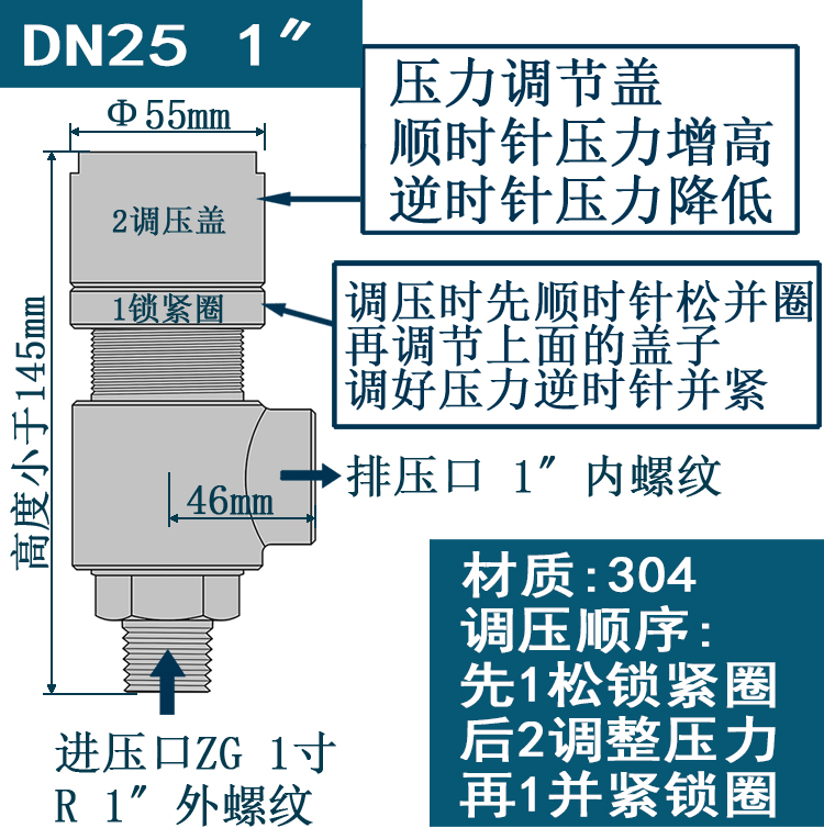 不锈钢螺纹式可调节式排压减压泄压阀4分3分 DN10 DN15压力泄放阀-图3