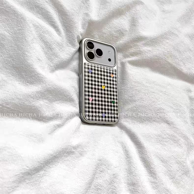 复古黑白格子爱心ins银边适用苹果17promax滴胶手机壳iphone16pro新款1314pro创意15pro全包防摔手机套高级感,淘宝优惠券,粉丝福利购,淘宝优惠卷