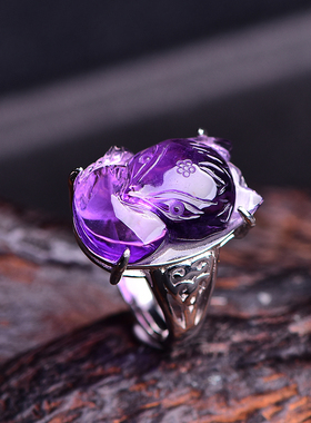 天然紫水晶狐狸戒指饰品礼物