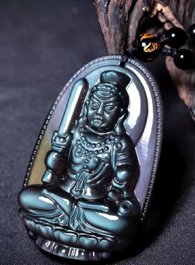 蓝眼黑曜石属鸡不动明王菩萨吊坠