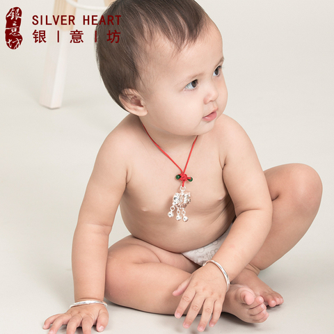 鼠宝宝银手镯满月周岁礼一对纯银9999婴儿童男小孩银饰铃铛镯子女