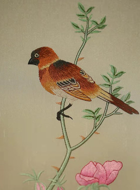 苏绣刺绣月季鹌鹑图挂屏茶室客厅书房中式装饰画红木复古家居饰品
