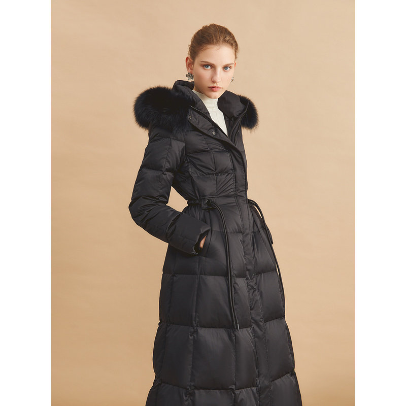 YINER音儿女装冬季长款过膝高克重保暖狐狸毛领连帽白鹅绒羽绒服,淘宝优惠券,粉丝福利购,淘宝优惠卷