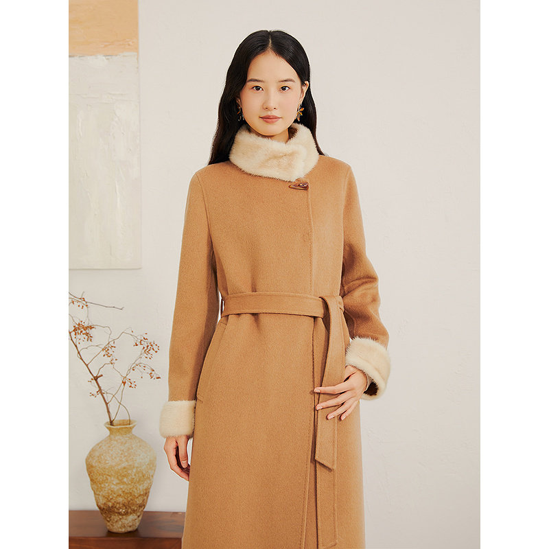 YINER音儿专选2025冬季新款水貂毛领口撞色拼接羊毛羊绒混纺大衣,淘宝优惠券,粉丝福利购,淘宝优惠卷