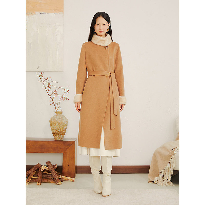 YINER音儿专选2025冬季新款水貂毛领口撞色拼接羊毛羊绒混纺大衣,淘宝优惠券,粉丝福利购,淘宝优惠卷