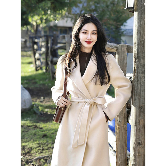 YINER音儿专选女装秋季气质中长款骆驼绒羊毛羊绒混纺双面呢大衣