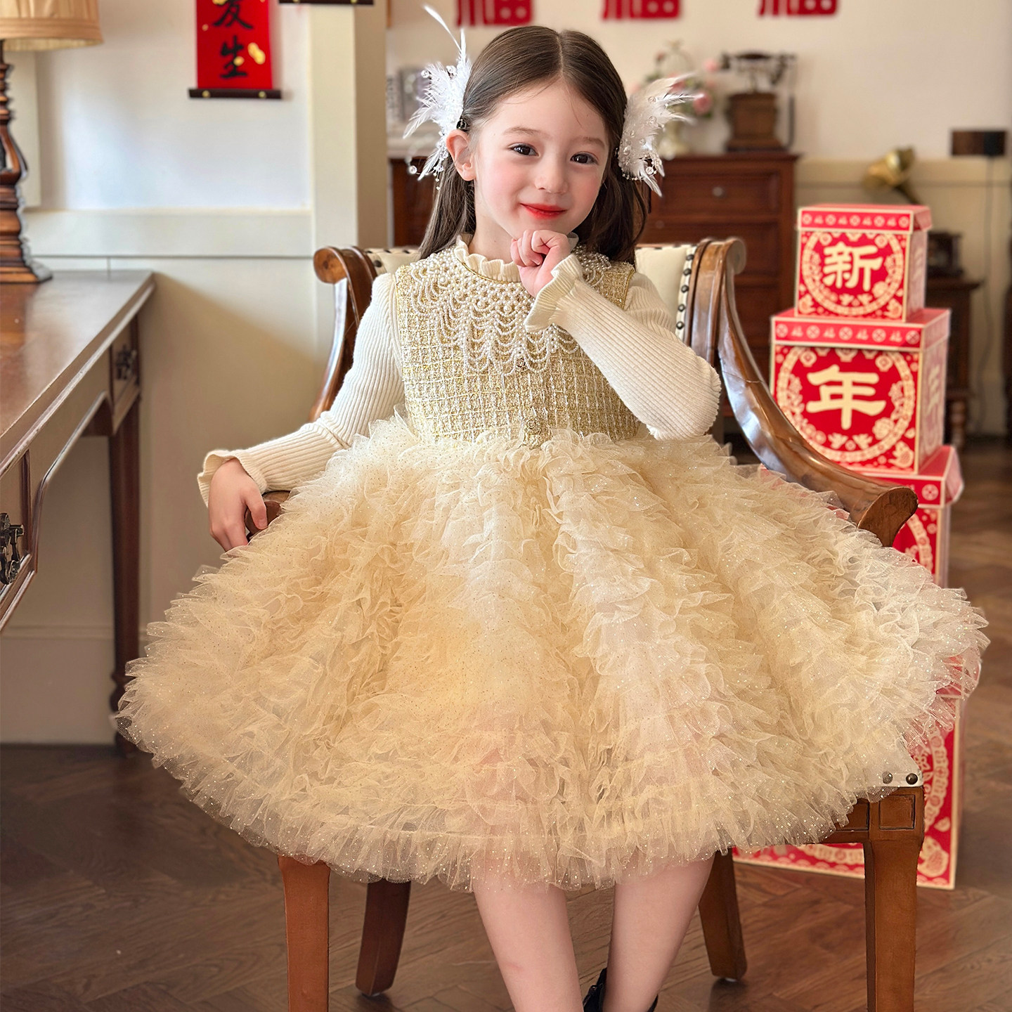 栀了成长记童装女童小香风网纱背心裙2025冬季儿童加绒蛋糕连衣裙,淘宝优惠券,粉丝福利购,淘宝优惠卷