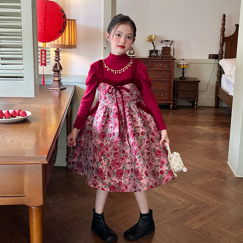 栀了成长记童装女童红色吊带裙时髦洋气宝宝裙子儿童新年连衣裙 - 图2