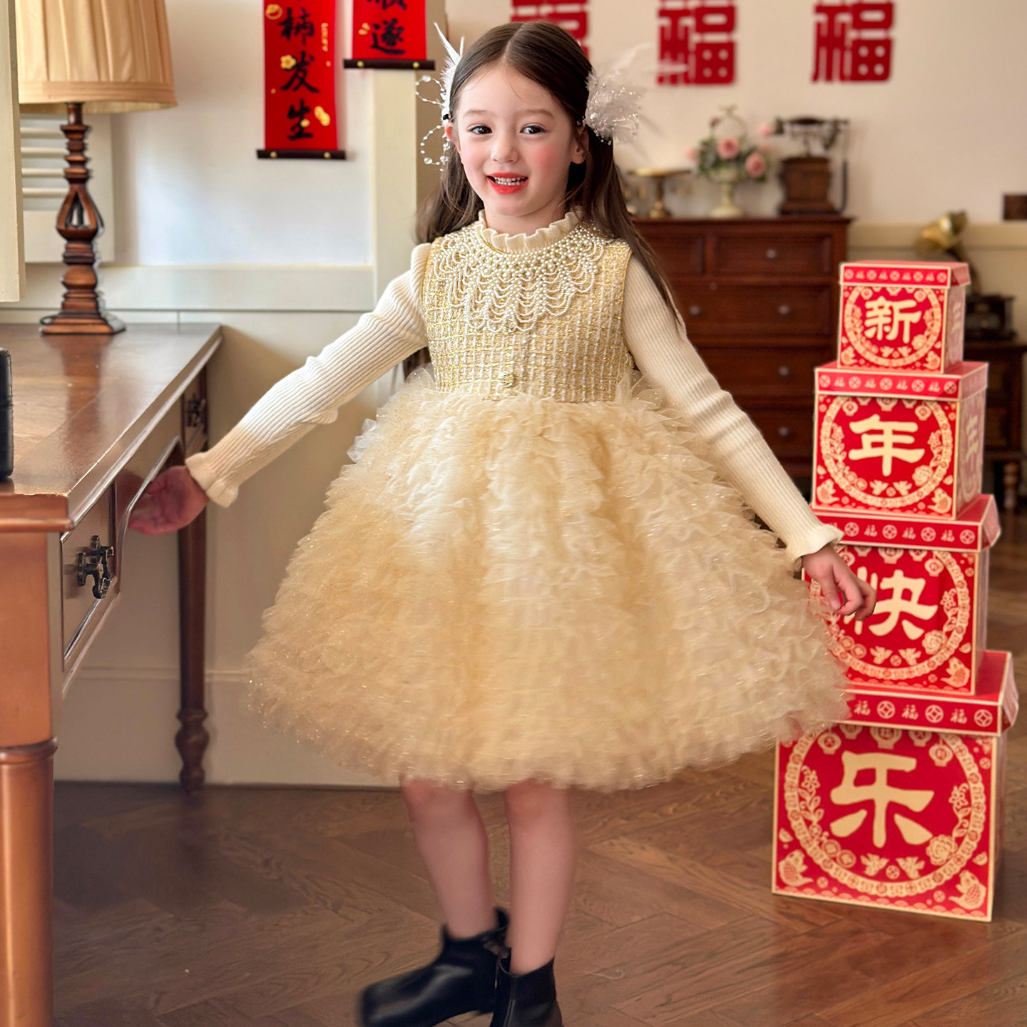 栀了成长记童装女童小香风网纱背心裙2025冬季儿童加绒蛋糕连衣裙,淘宝优惠券,粉丝福利购,淘宝优惠卷