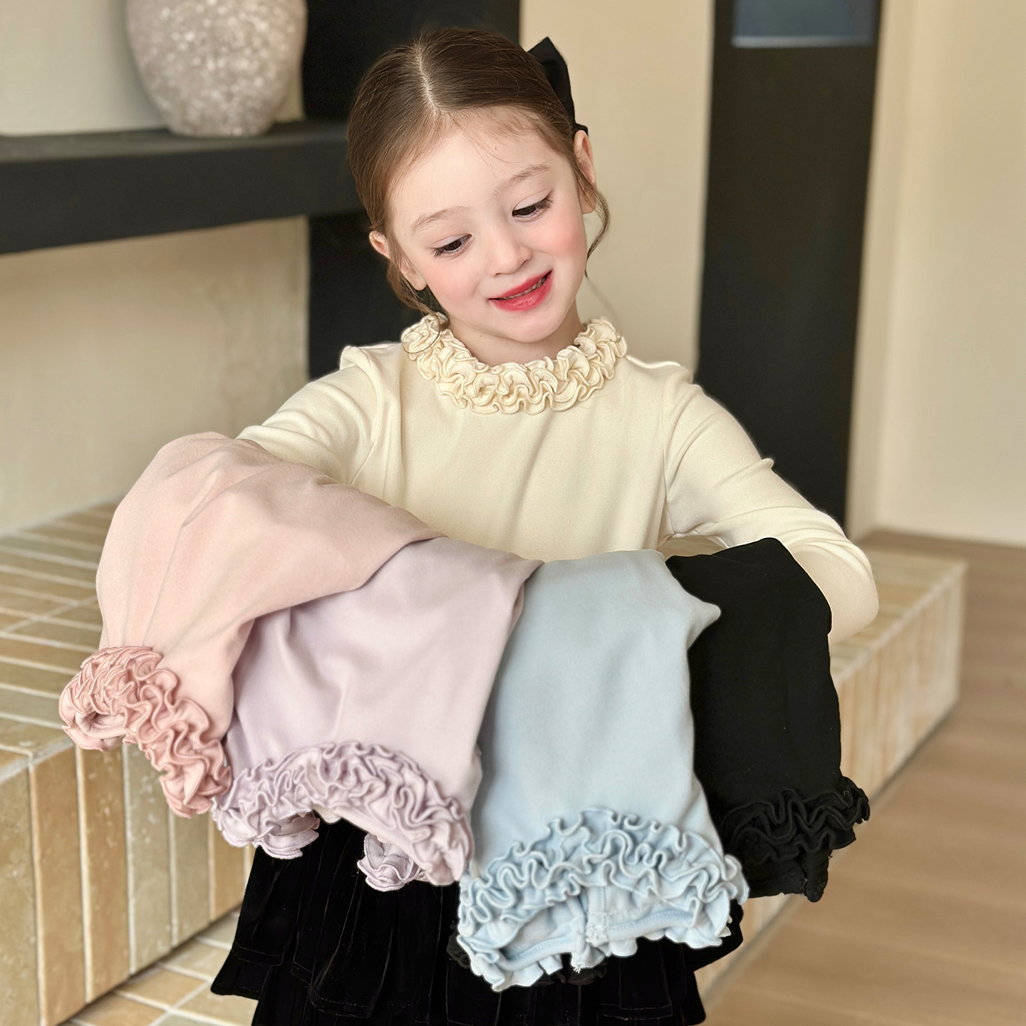 栀了成长记童装女童双面德绒打底衫2025冬季儿童百搭加厚花边上衣 - 图0