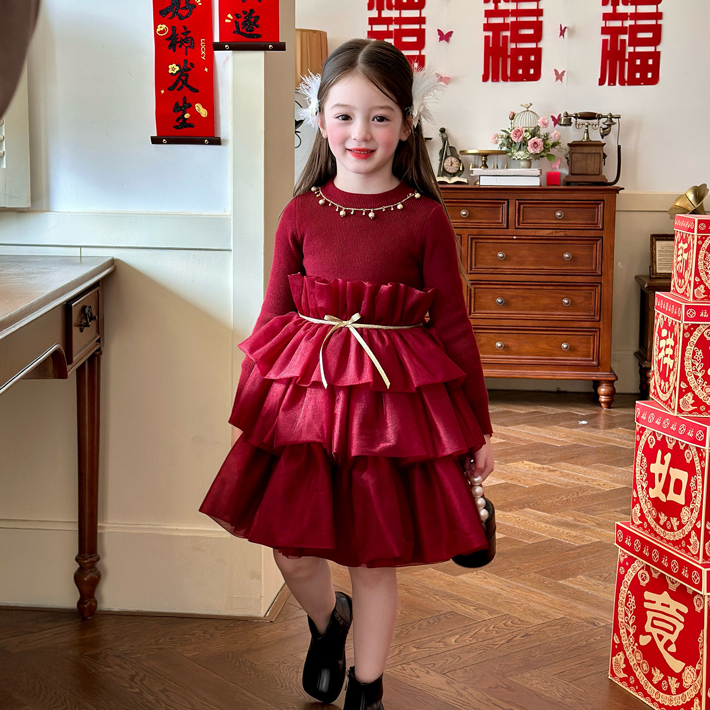 栀了成长记女童装红色针织连衣裙2025冬季儿童新年加绒网纱公主裙,淘宝优惠券,粉丝福利购,淘宝优惠卷