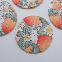 Strawberry Rabbit Round Oval Handmade Fabric Pure Cotton Clip Cotton Cup Cushion Tea Cushion Cute Little Things
