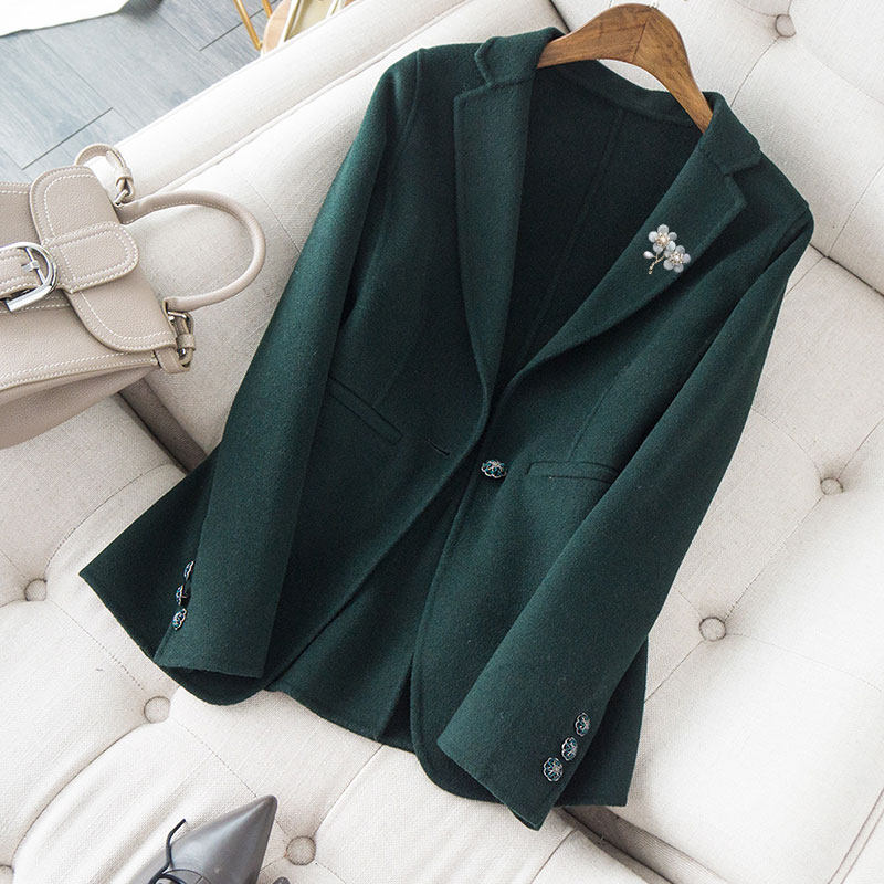 西装毛呢外套女2025新款墨绿色修身高级感进口双面呢短羊毛大衣,淘宝优惠券,粉丝福利购,淘宝优惠卷
