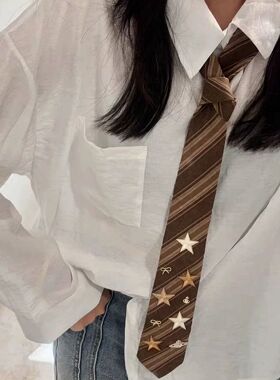手工定制款vintage中古棕色斜纹星星领带女复古学院风领巾配饰潮
