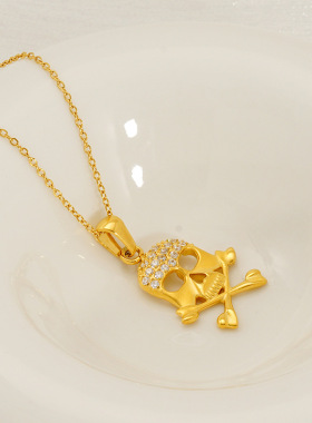 跨境个性嘻哈骷髅头吊坠18k金钛钢项链不掉色轻奢镶钻不锈钢饰品