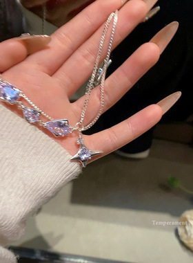 超闪锆石双层叠戴项链女轻奢小众感流苏锁骨链百搭毛衣链配饰