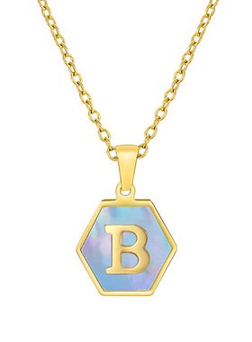 跨境18K不锈钢26英文字母多边形吊坠欧美钛钢蓝色贝壳字母项链女