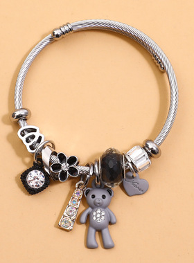 亚马逊热销潘家风格粉色小熊吊坠手镯时尚个性夸张可调节女士手链