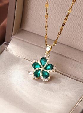 欧美绿色雪花钛钢项链时尚百搭锁骨链女感祖母绿锆石饰品