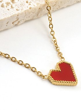欧美时尚跨境不锈钢个性小众红色爱心项链钛钢电镀18k项链女