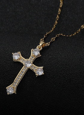 2025思潮新款跨境热销微镶钻石十字架项链  铜镀真金钛钢链条项链