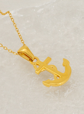 欧美跨境不锈钢镀18K船锚项链女轻奢气质微镶锆石吊坠钛钢锁骨链