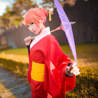 动漫银魂吉原神乐cos服红色和服女cosplay服装假发簪子筒袜伞现货 虎窝淘