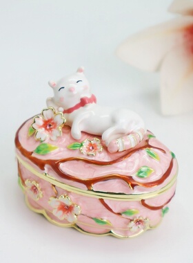 正品珐琅彩樱花猫镶钻合金首饰盒轻奢装饰摆件闺蜜生日情人节礼物