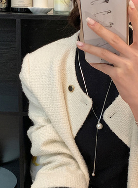 可抽拉珍珠长款蛇骨项链女冷淡风简约气质百搭毛衣链80cm
