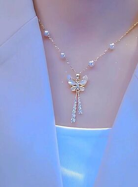 项链不钢女钢猫眼石钛吊坠链设计锁骨钛掉色颈链蝴蝶流苏新款珍珠