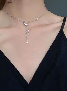 钛项链锁骨月亮镶星星链抽拉式
