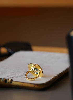 原创设计天然贝母925银欧美古币戒指女小众高级轻奢气质复古百搭