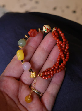 原创多层天然南红玛瑙小米珠手链搭配蜜蜡和田玉多宝新中式国风